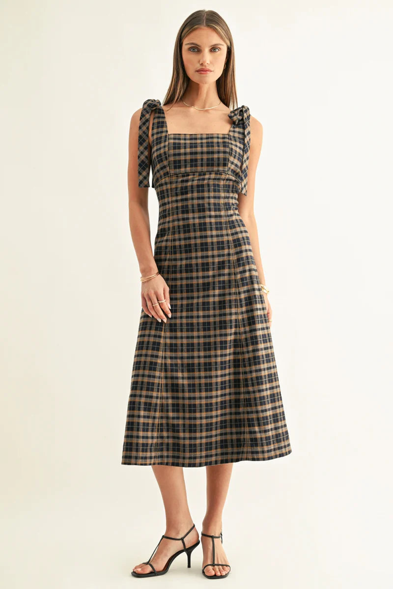 Adelyn Rae Sue Contrast Binding Tied Shoulder Midi Dress navy mustard