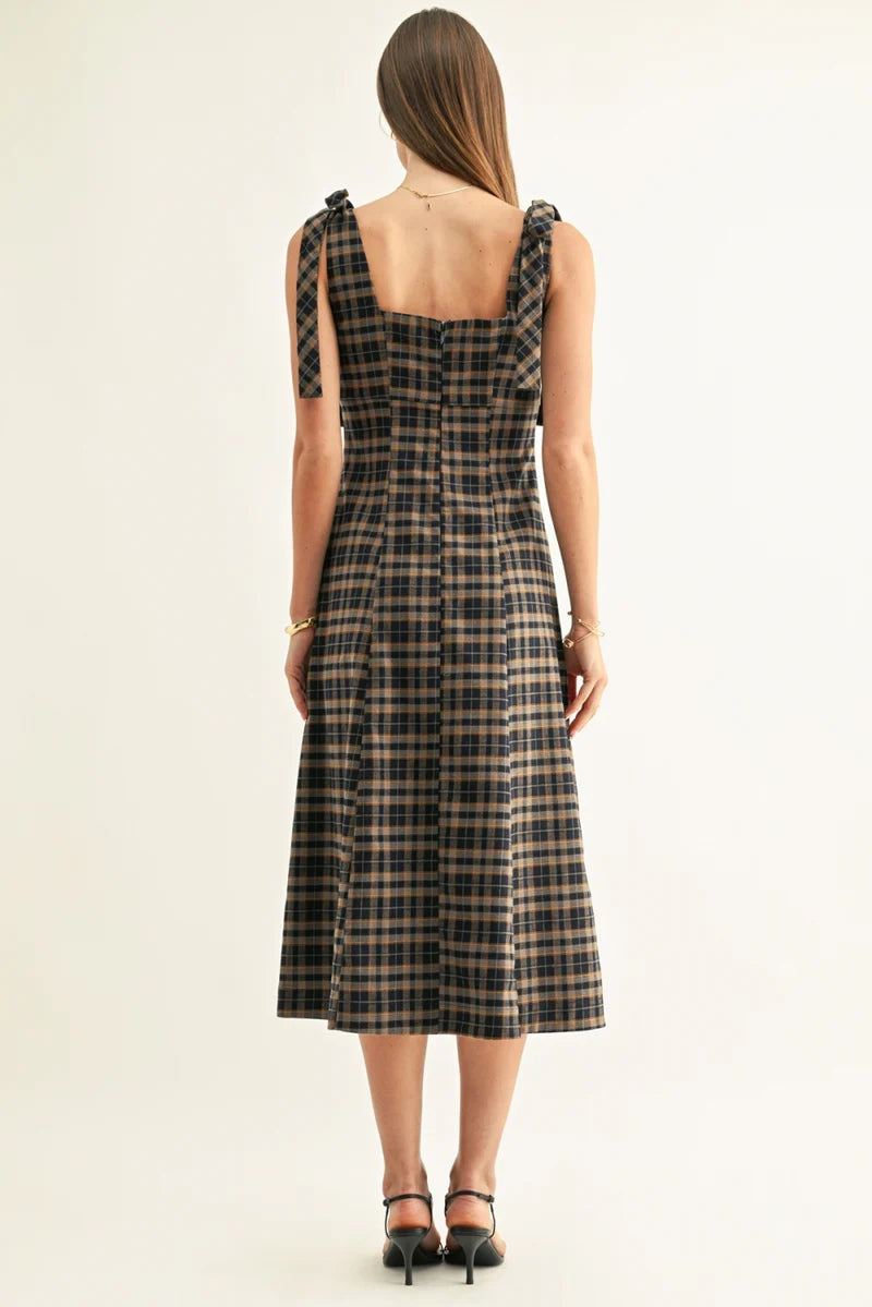Adelyn Rae Sue Contrast Binding Tied Shoulder Midi Dress navy mustard