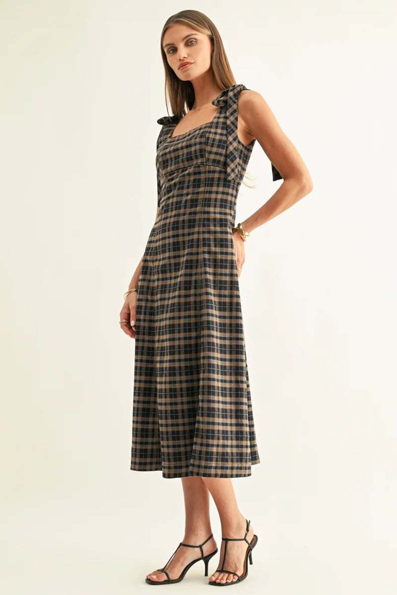 Adelyn Rae Sue Contrast Binding Tied Shoulder Midi Dress navy mustard
