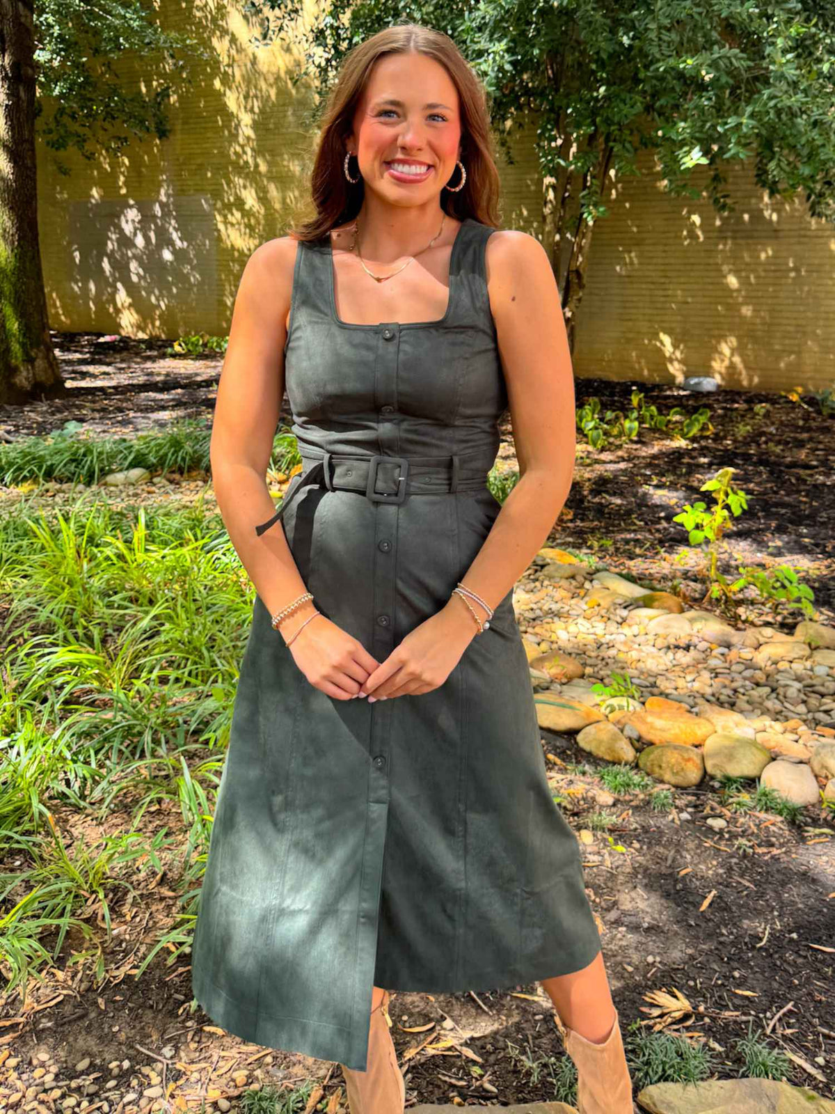 Adelyn Rae Kensley Vegan Suede Contrast Piped Midi Dress