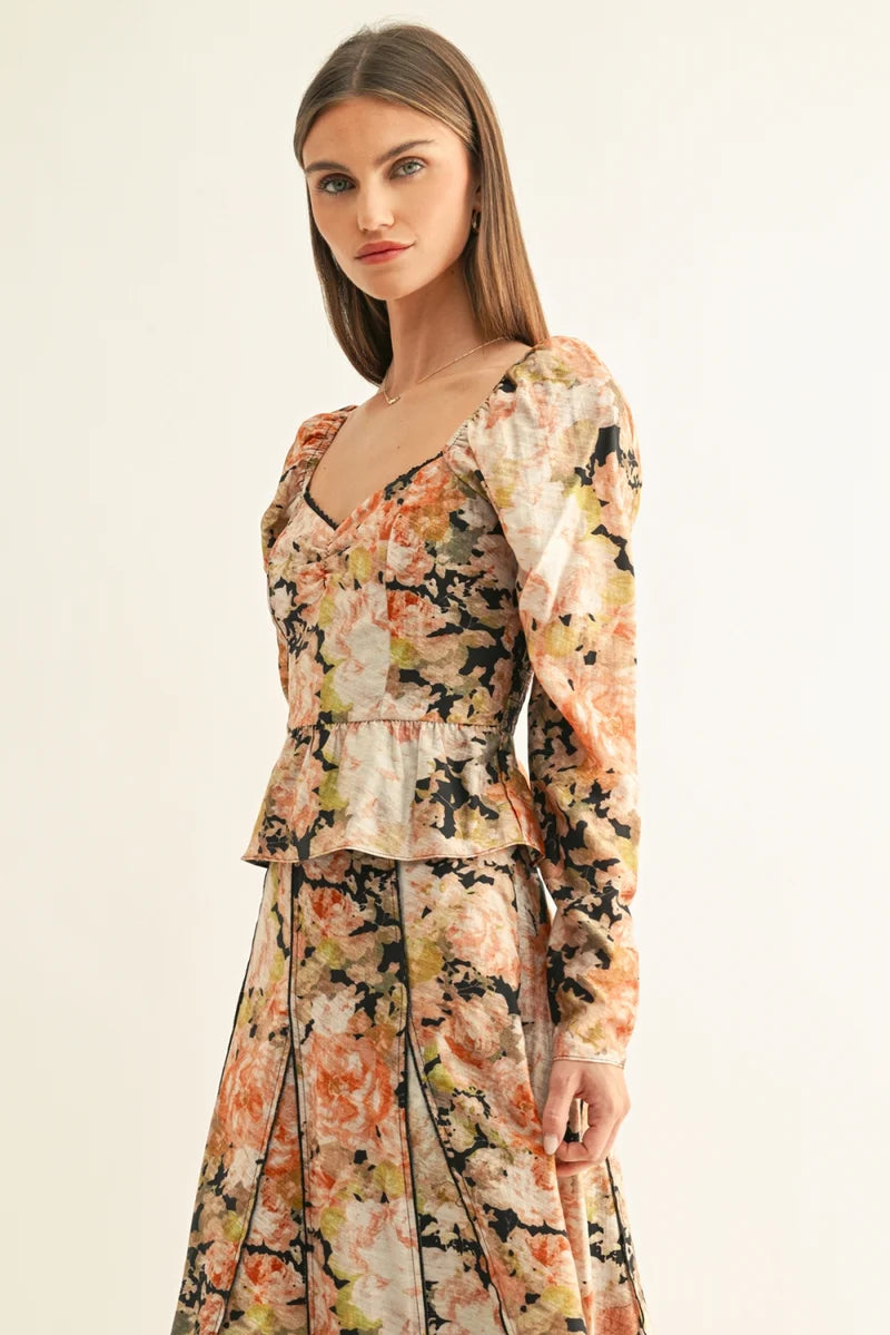 Adelyn Rae Sylvie Long Sleeves Peplum Top black multi 
