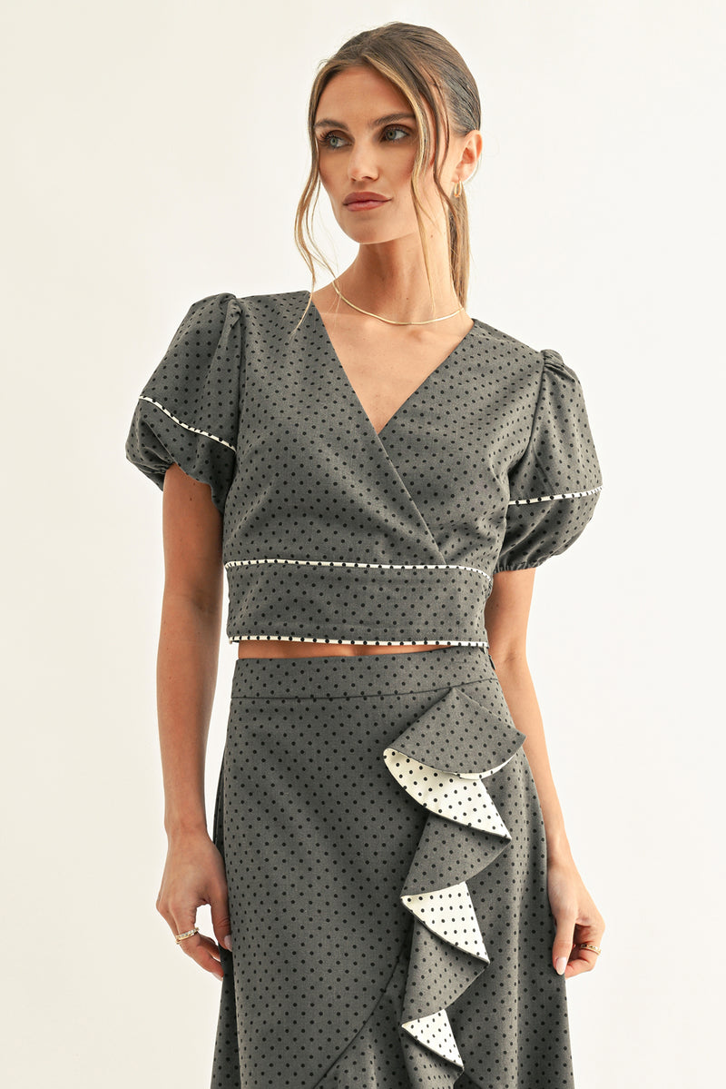 Adelyn Rae Tina Polka Dot Surpliced Top dark denim dot 