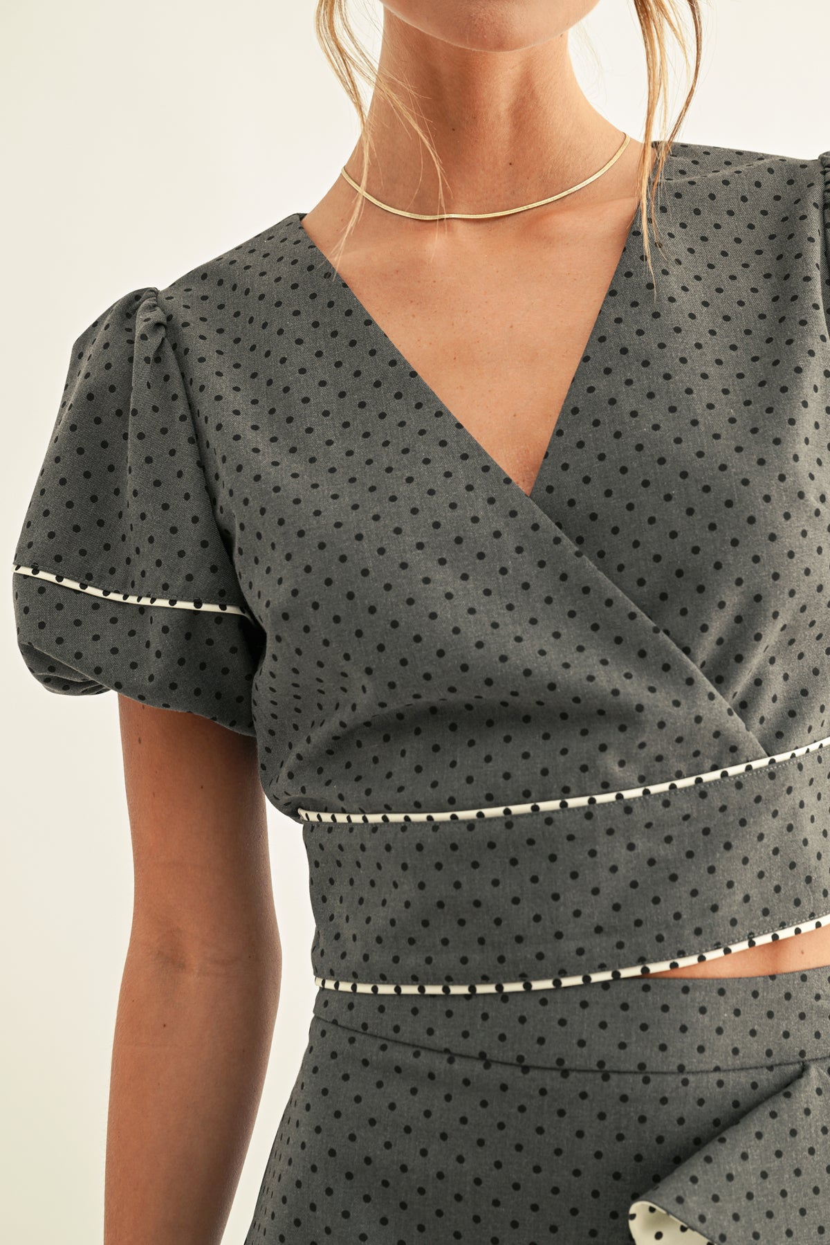 Adelyn Rae Tina Polka Dot Surpliced Top dark denim dot 