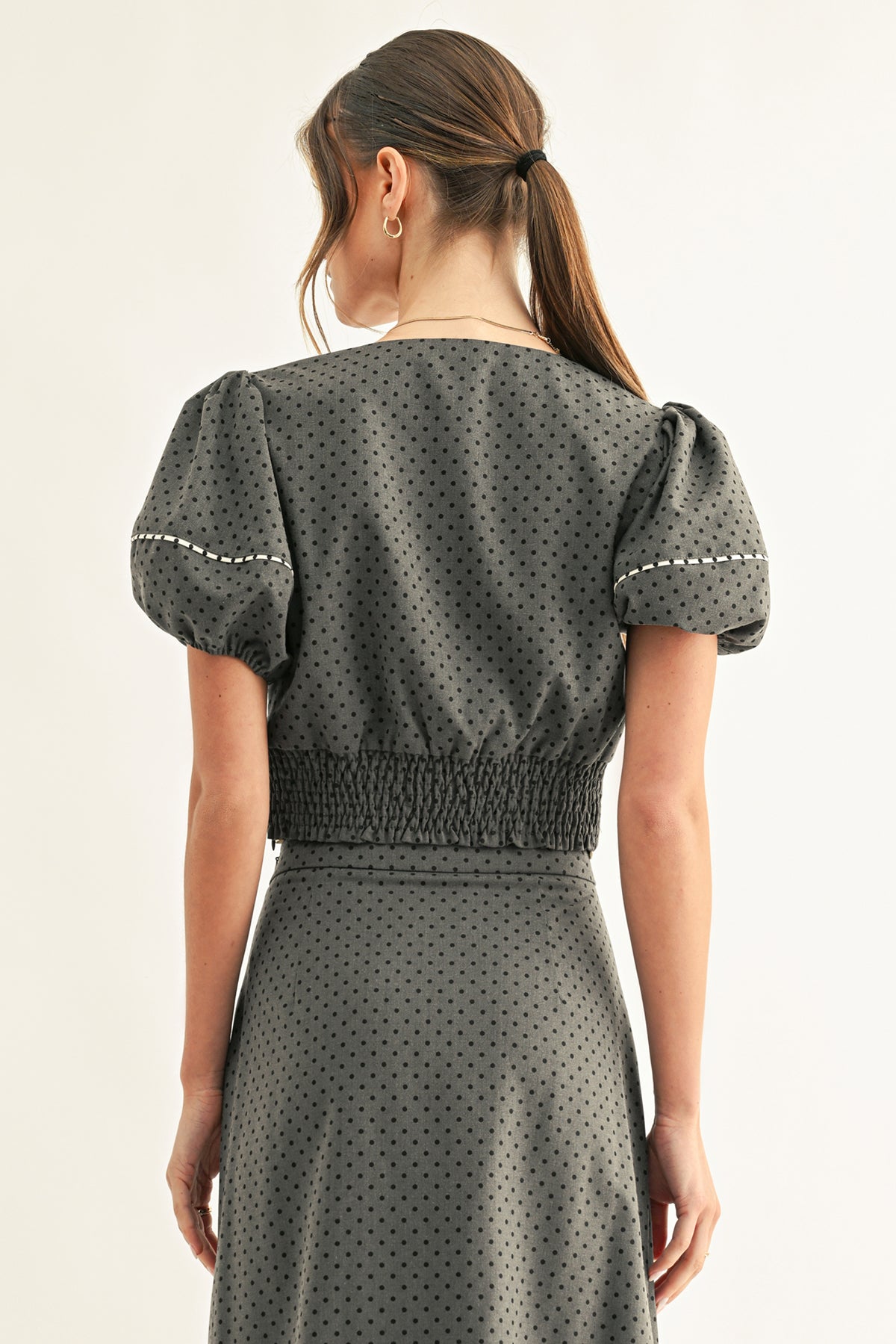 Adelyn Rae Tina Polka Dot Surpliced Top dark denim dot 