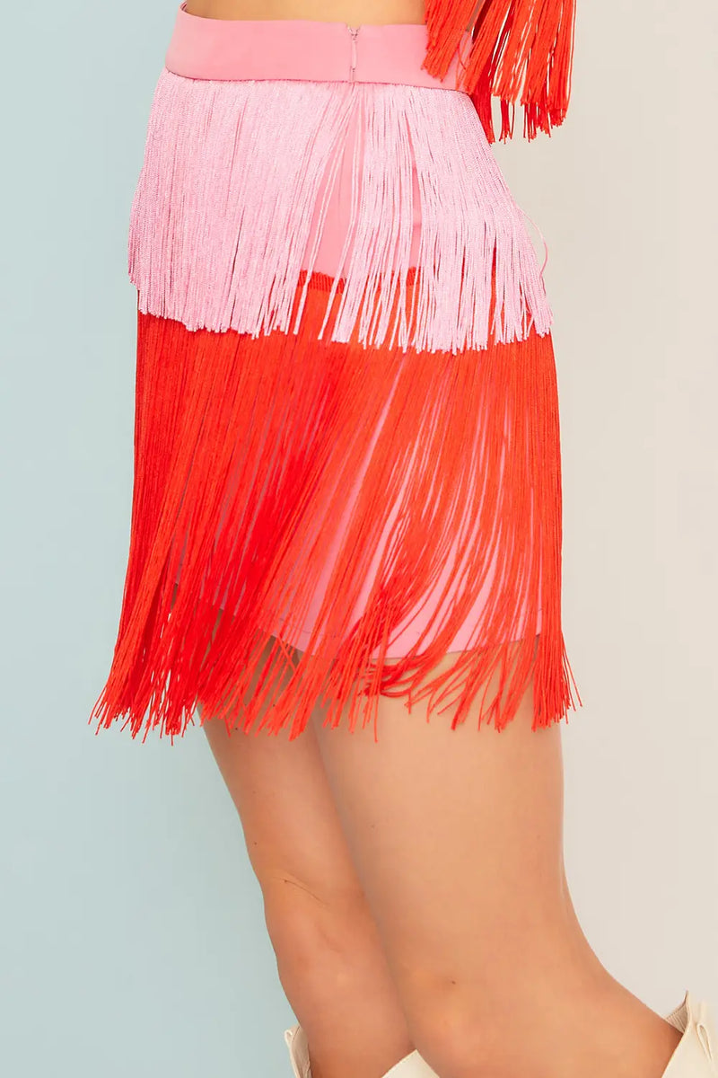 color block fringe side zipper mini skirt in pink red-side