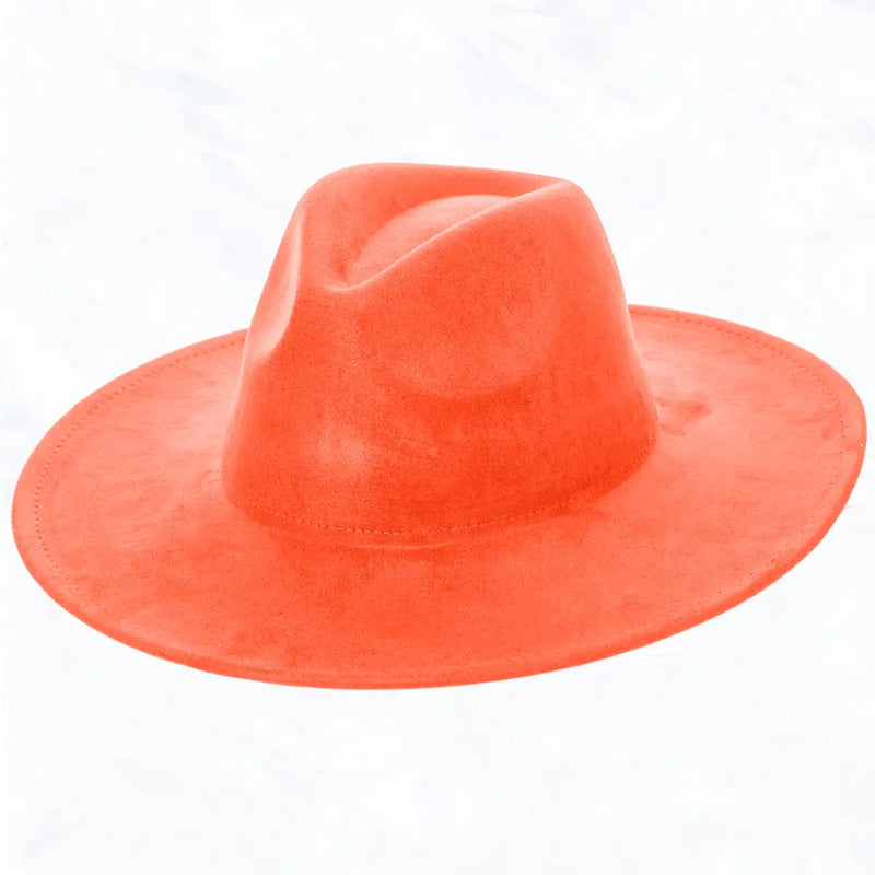 suede large eaves peach top fedora hat in orange