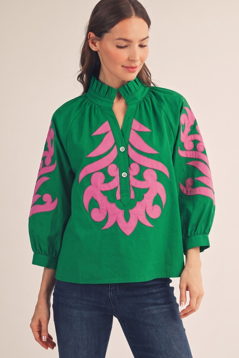 Baroque Applique Ruffle Neck Top