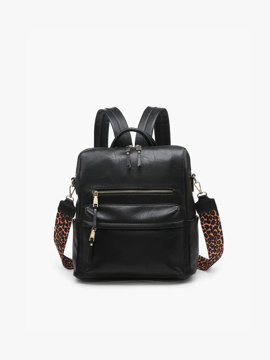 amelia black vegan leather backpack with guitar strap