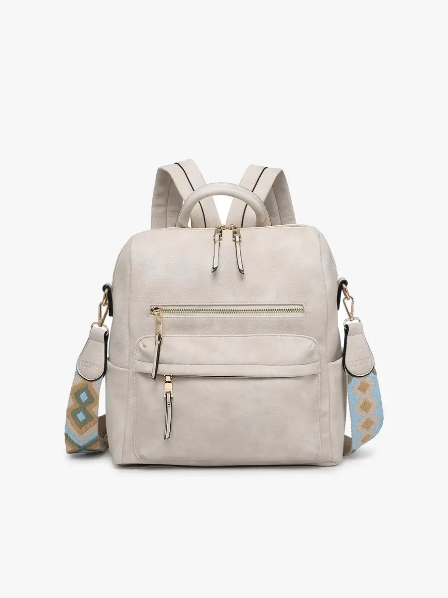 amelia off white vegan leather backpack with guitar strap