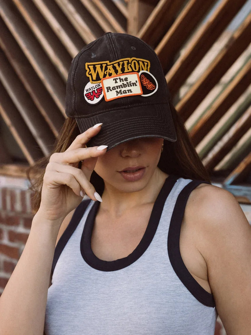 American Needle Iconic Distressed Hat Waylon Jennings The Ramblin' Man Black