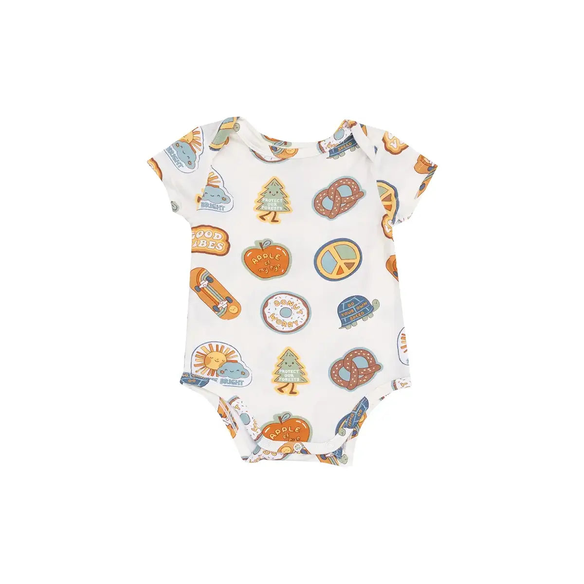 Angel Dear Bamboo Short Sleeve Bodysuit Groovy Vibes Stickers Tan