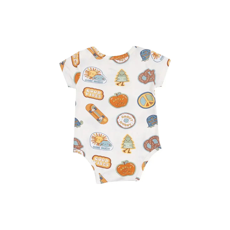 Angel Dear Bamboo Short Sleeve Bodysuit Groovy Vibes Stickers Tan