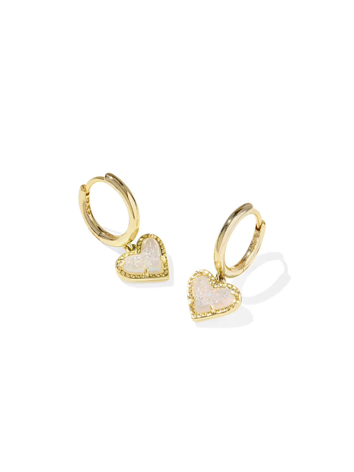 Kendra Scott Ari Heart Gold Huggie Earrings in Iridescent Drusy