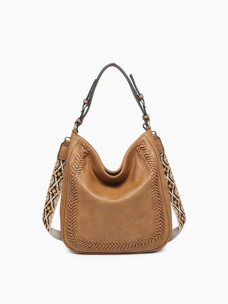 aris small hobo crossbody with whipstitch and guitar strap in latte
