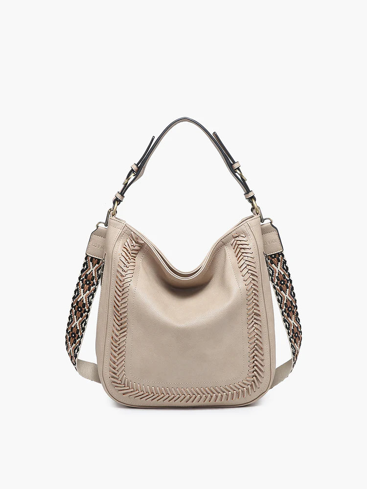 aris small hobo crossbody with whipstitch and guitar strap in taupe