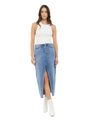 articles of society hutton slit denim skirt in delta front view