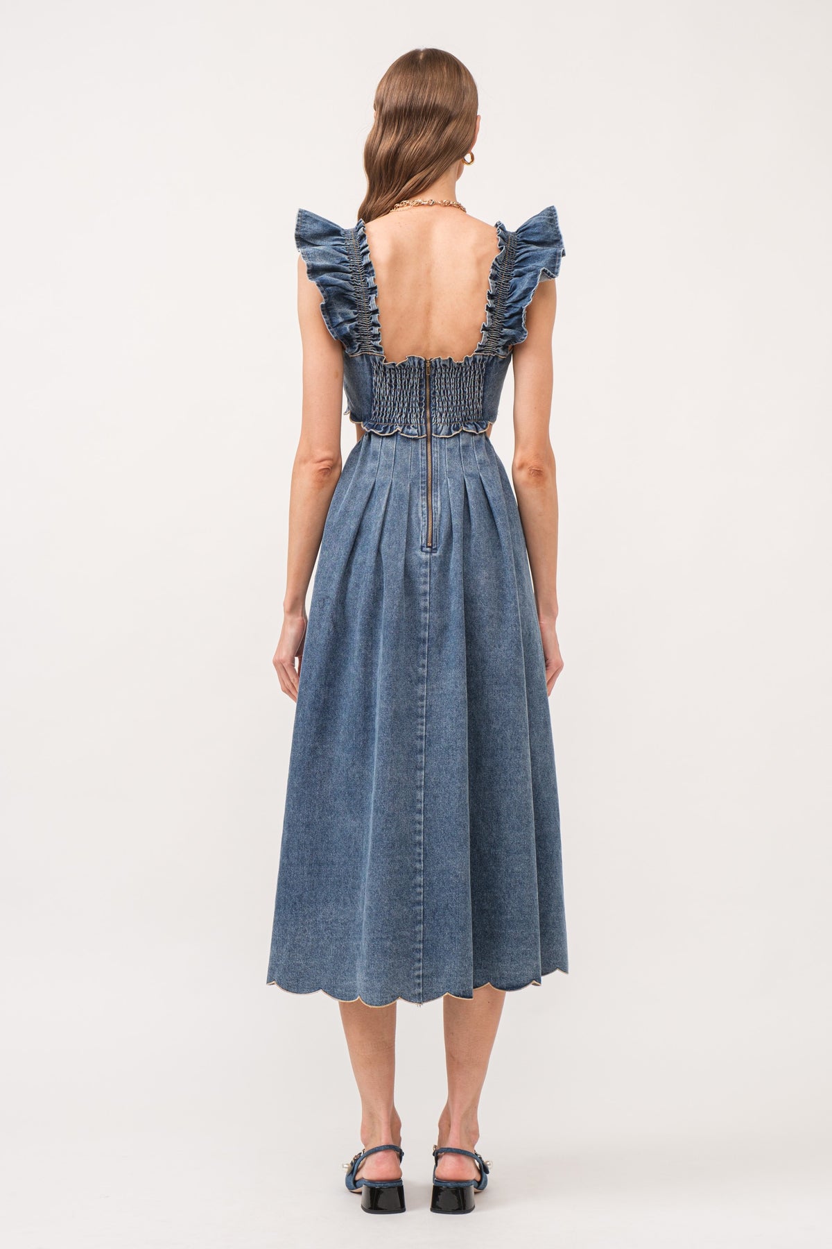 ashton denim midi dress with scallop detail and ruffle sleeve-back view