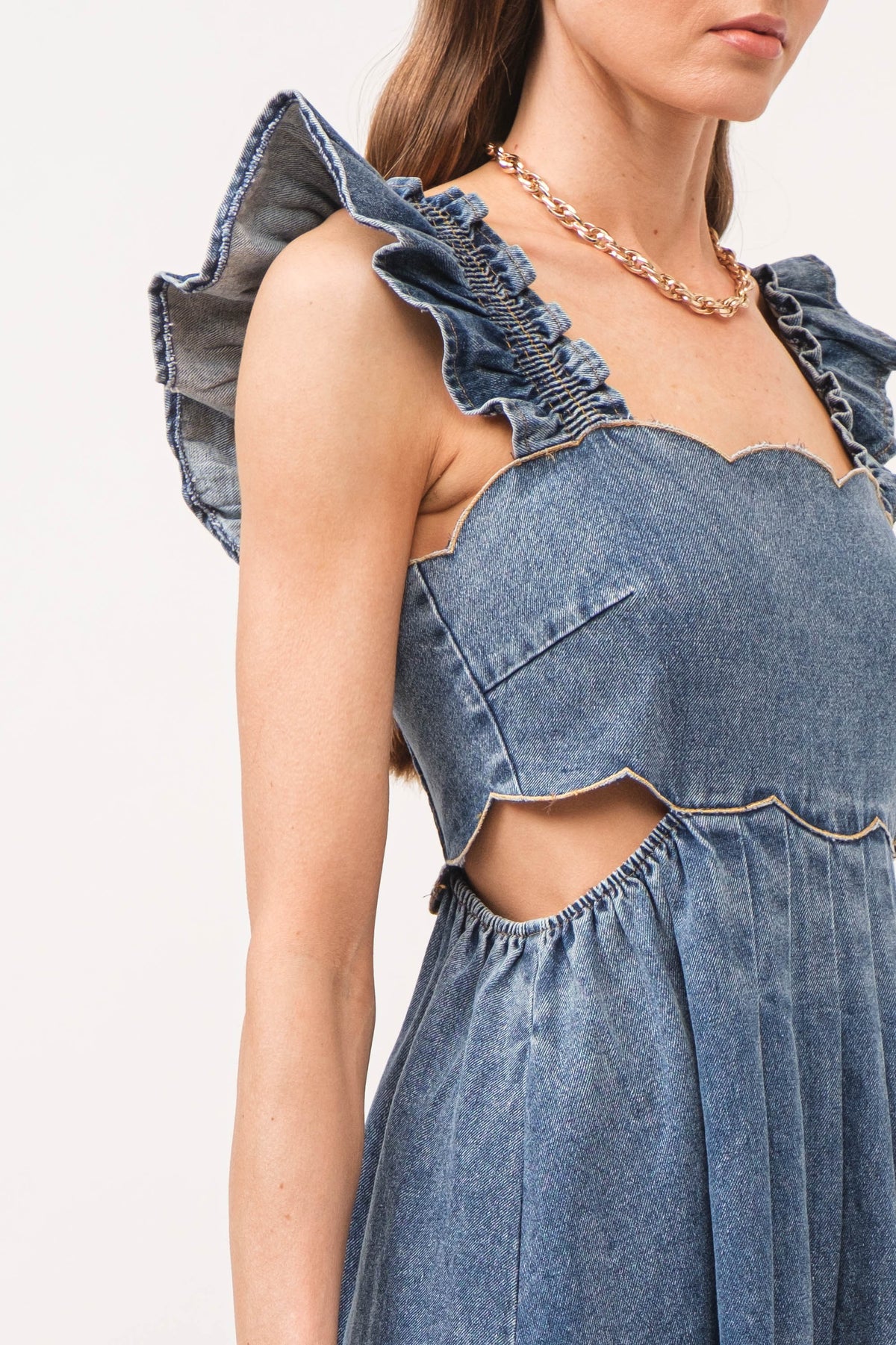 ashton denim midi dress with scallop detail and ruffle sleeve-front detail view