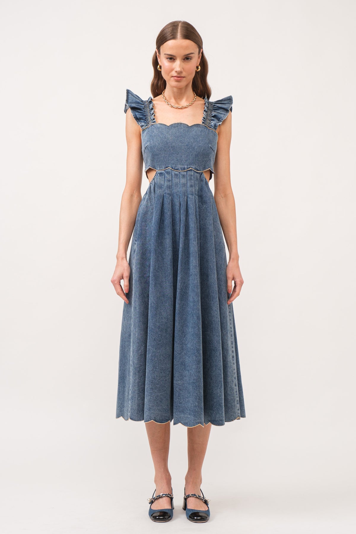 ashton denim midi dress with scallop detail and ruffle sleeve-front view