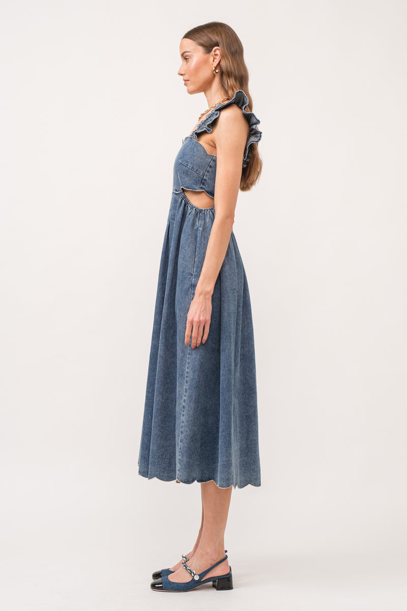 ashton denim midi dress with scallop detail and ruffle sleeve-side view