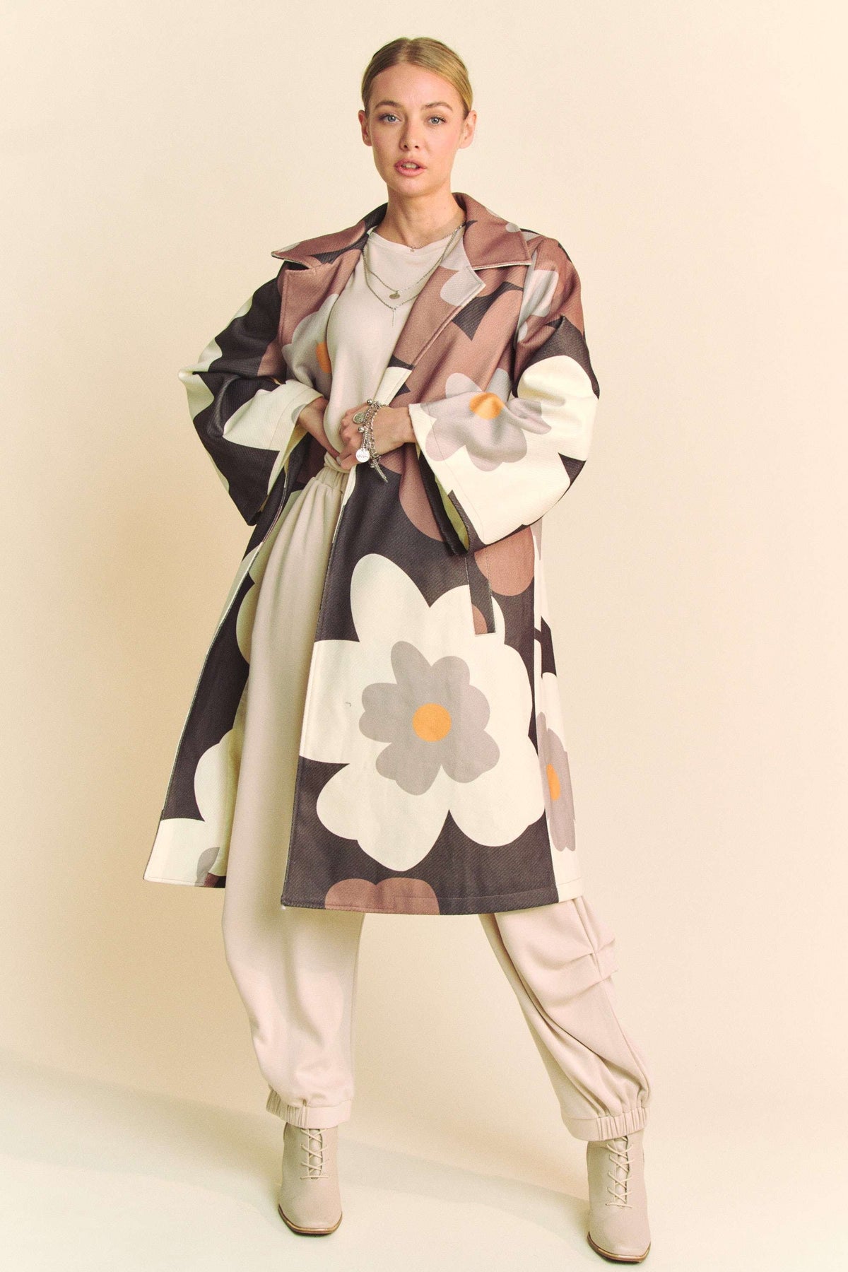 Retro Floral Bold Long Overcoat in Mocha Brown