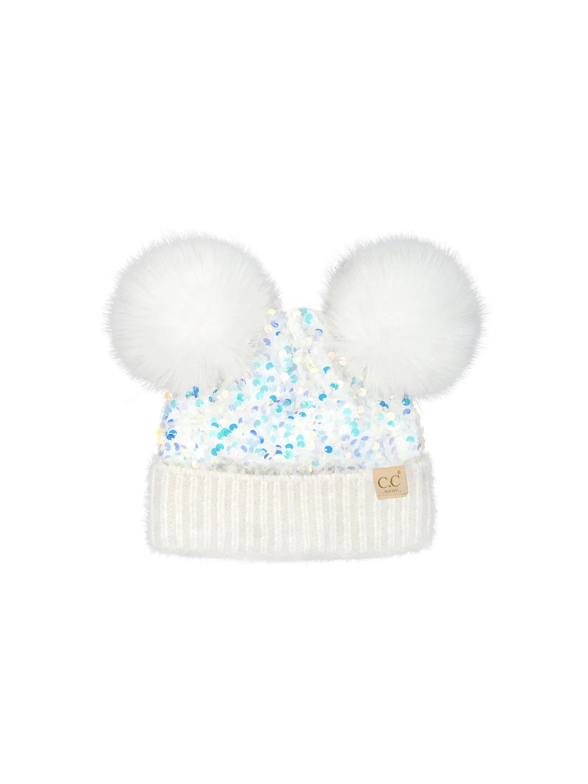 Baby & Toddler Sequin Faux Fur Double Pom Beanie White