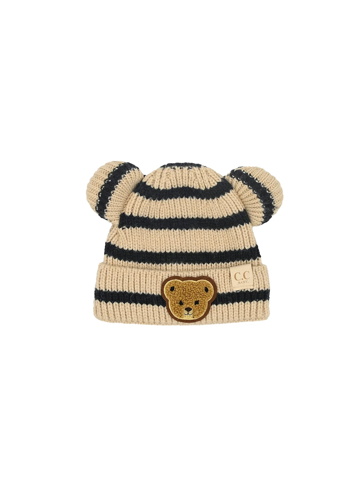 Baby & Toddler Striped Teddy Bear Double Pom Beanie Beige