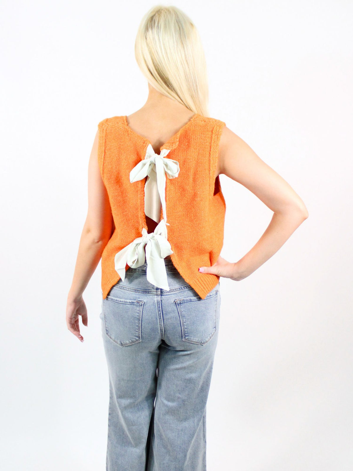 Back Bow Tie Sleeveless Sweater Orange
