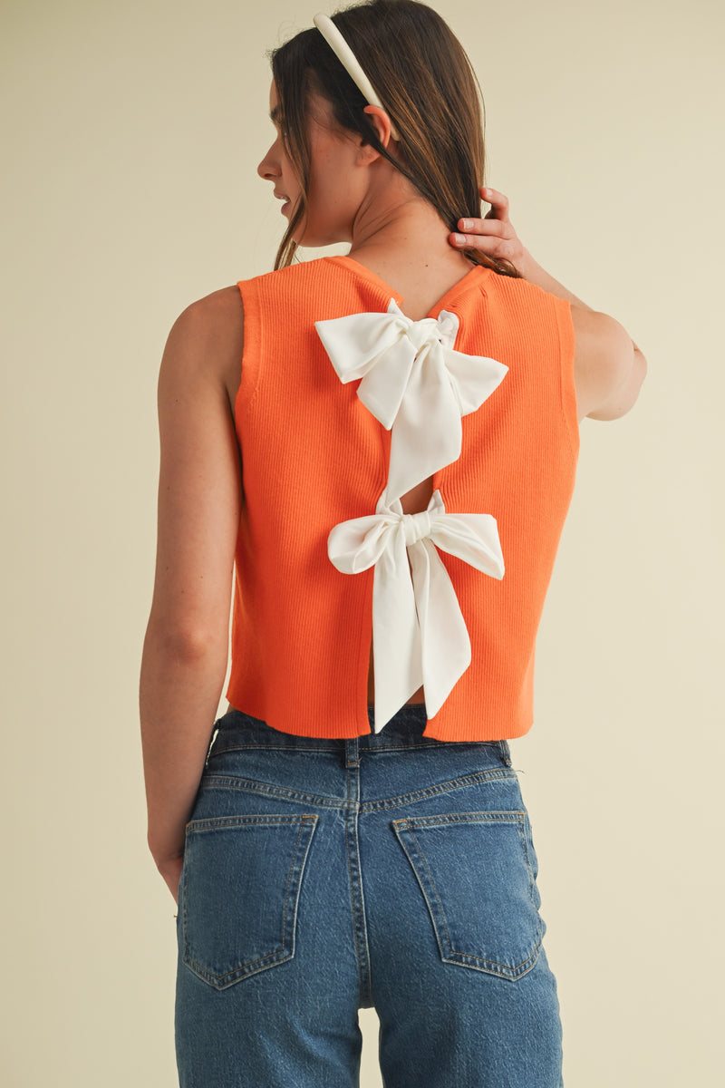 Back Bow Tie Sleeveless Top in orange white 