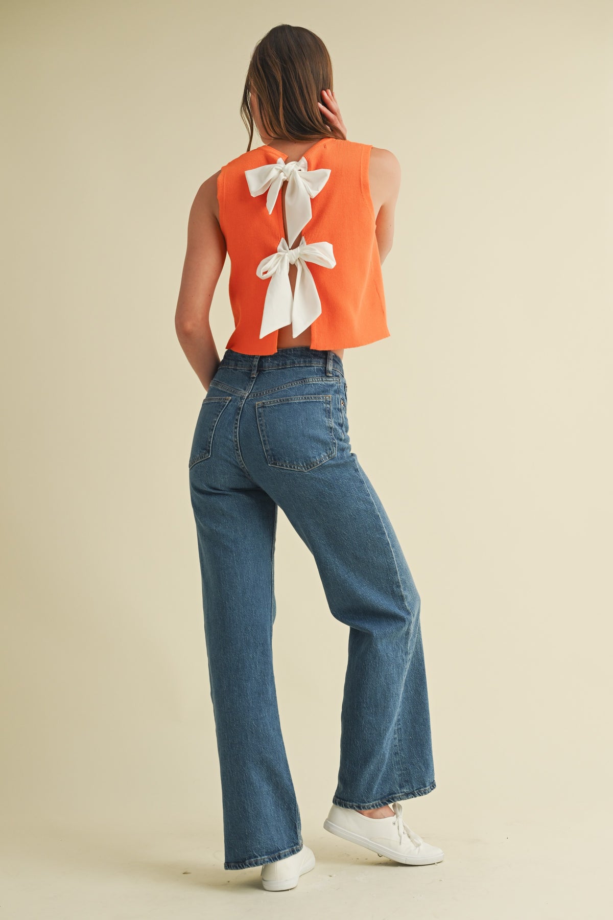 Back Bow Tie Sleeveless Top in orange white 