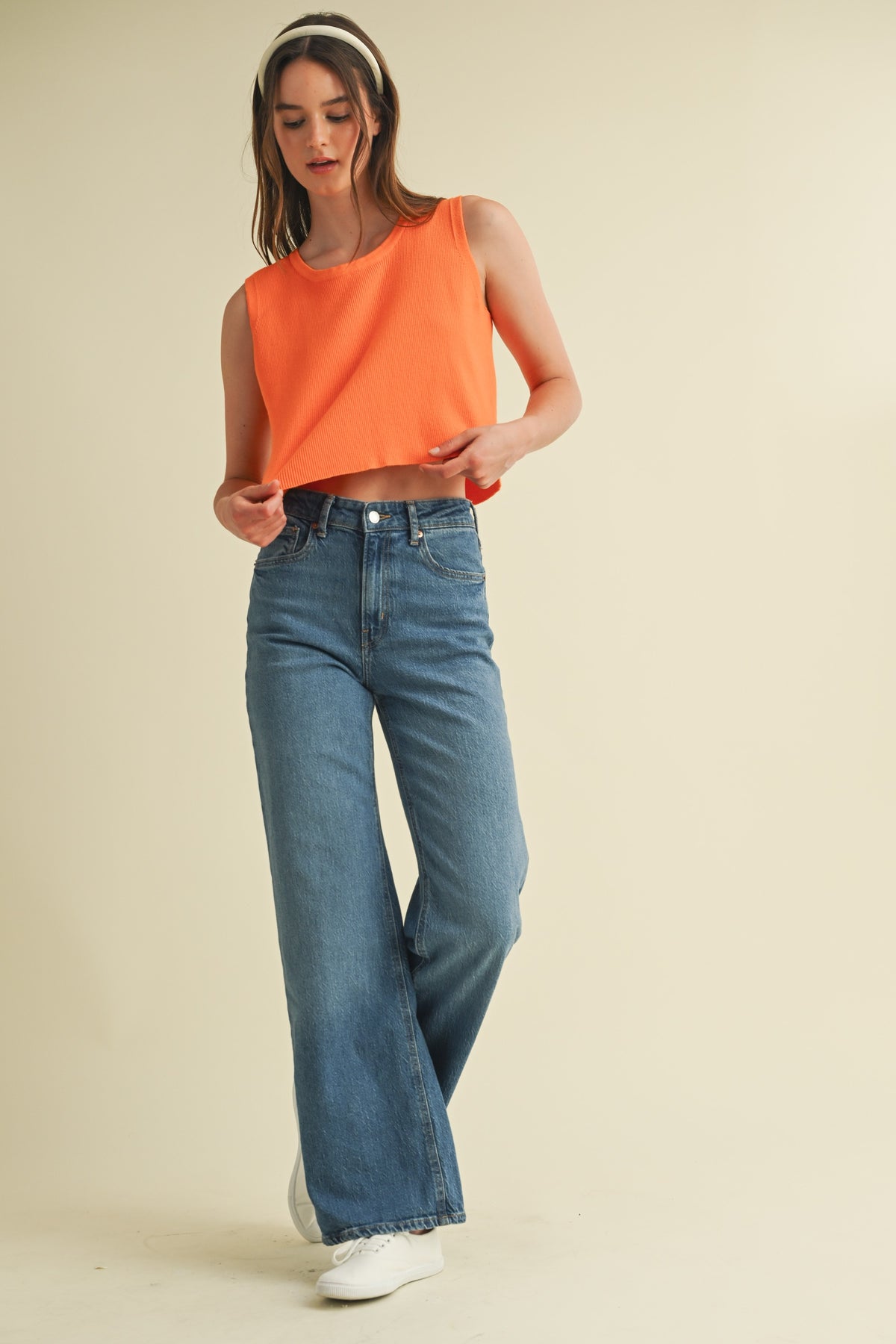 Back Bow Tie Sleeveless Top in orange white 