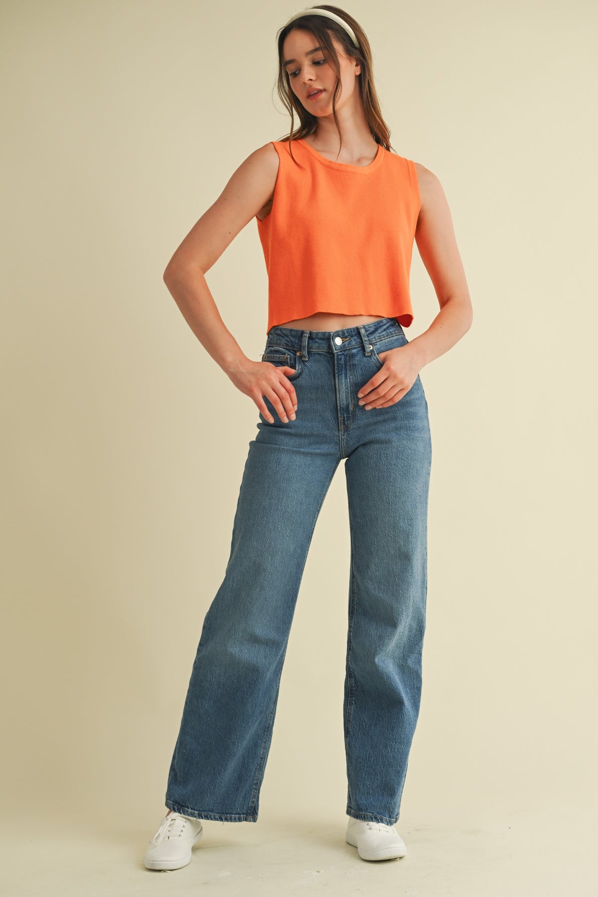 Back Bow Tie Sleeveless Top in orange white 