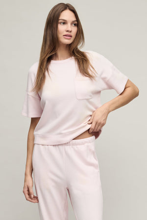 Barefoot Dreams Brushed Fleece Short Sleeve Dropped Shoulder Pullover pink sand 