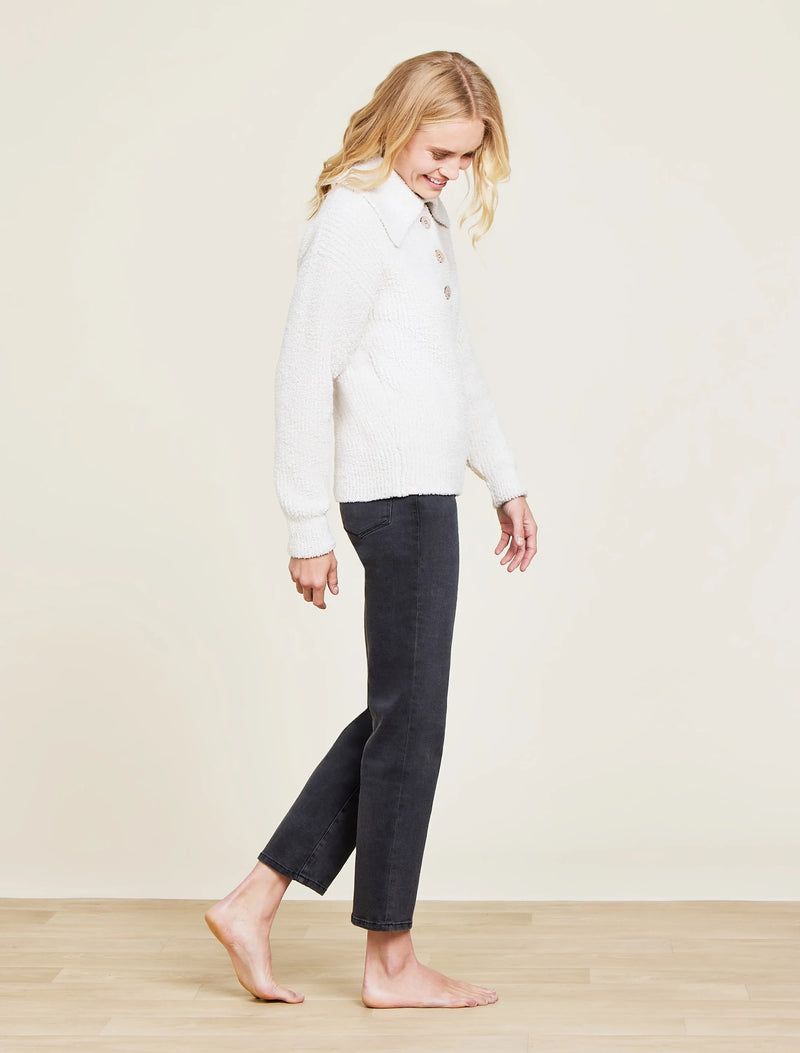 Barefoot Dreams CozyChic® Button Pullover in heathered stone/ cream-side