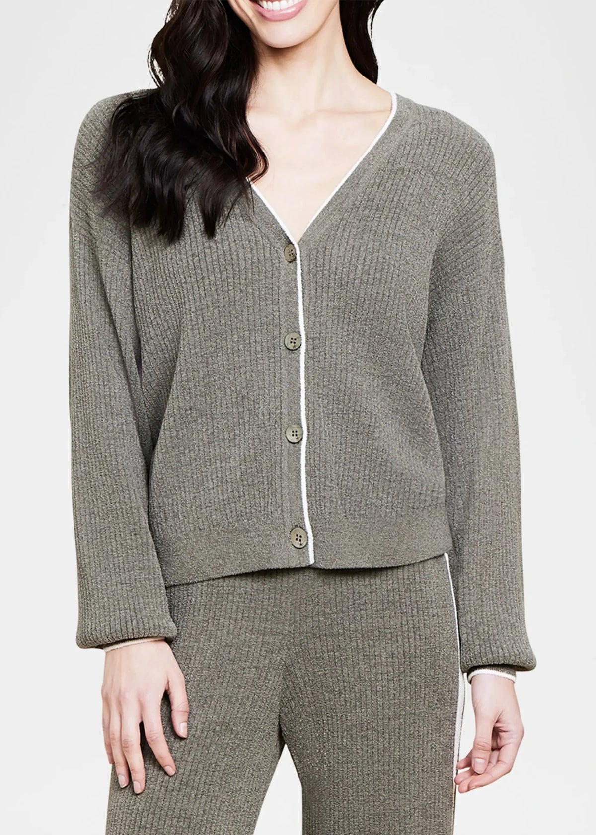 Barefoot Dreams CozyChic Ultra Lite Contrast Ribbed Cardigan in olive branch pearl-front