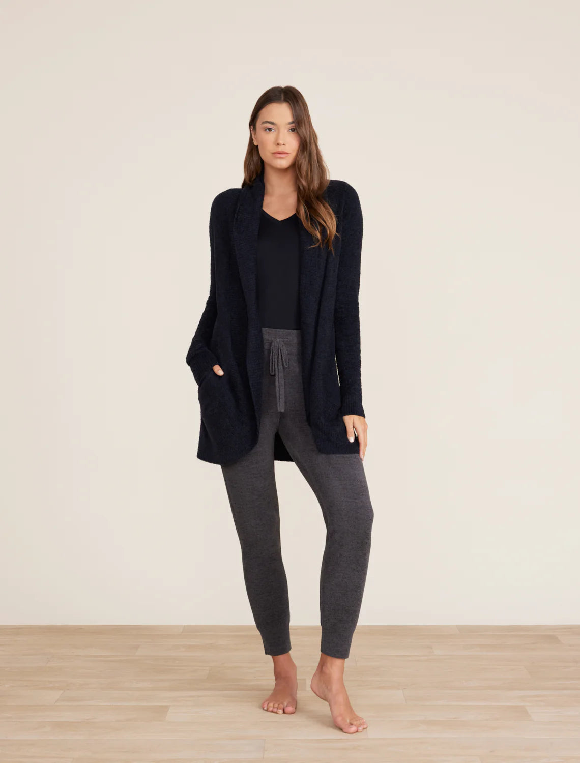 barefoot dreams cozychic lite circle cardigan in black - front view