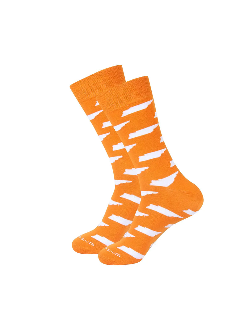 Barrel Down South Tennessee State Shape Orange and White Crew Socks for Tennessee Vols Game Day
