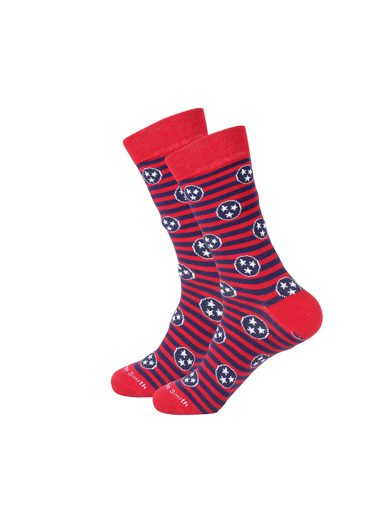 Barrel Down South Tennessee Tri-Star Red & Blue Stripe Crew Socks