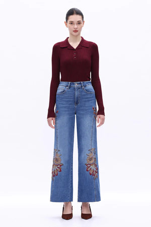 High Rise Embroidered Wide Leg Jeans