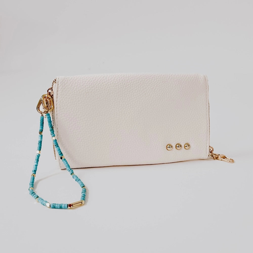 thin natural stone beaded gold and blue bag charm