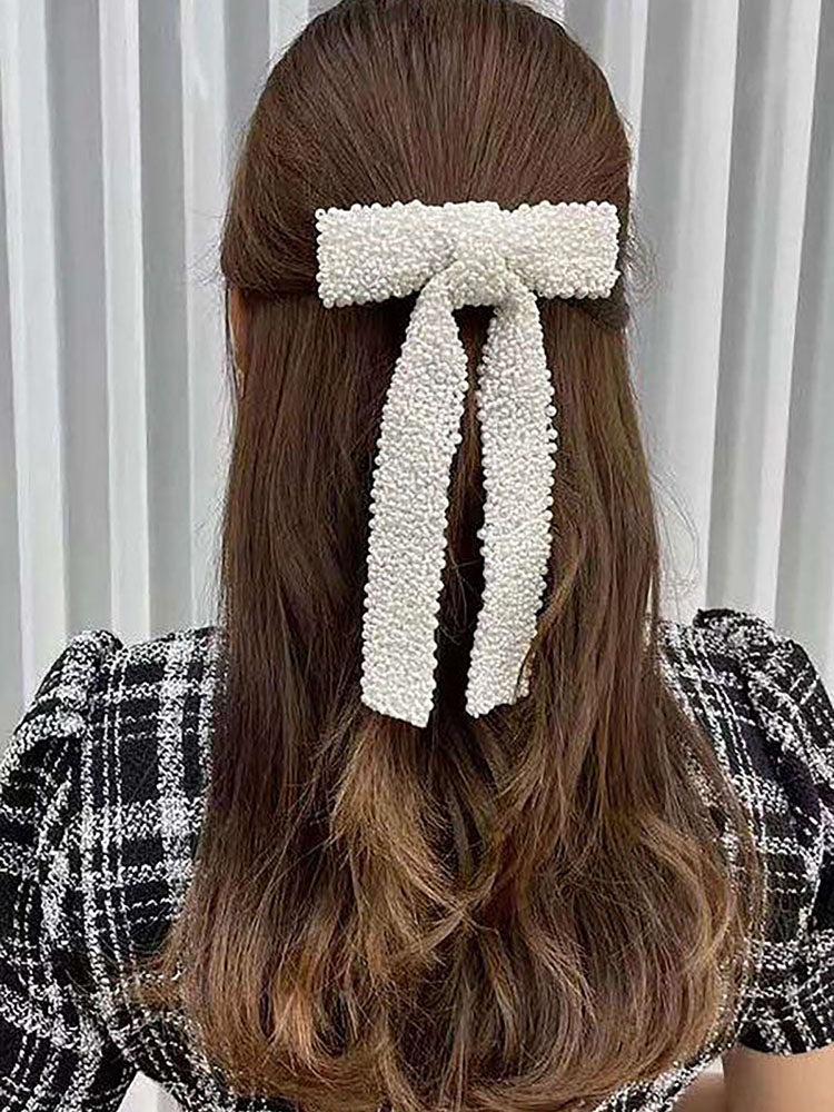 hair bow with faux pearls and silver beads