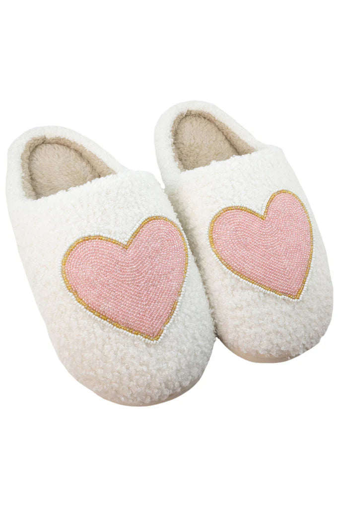 Beaded Pink & Gold Heart Fuzzy Slippers Valentine's Day