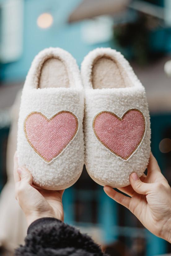 Beaded Pink & Gold Heart Fuzzy Slippers Valentine's Day