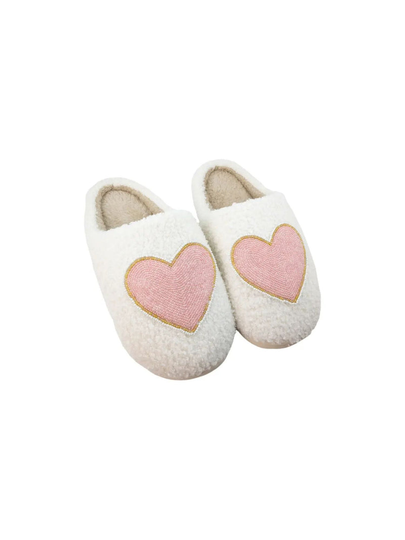 Beaded Pink & Gold Heart Fuzzy Slippers Valentine's Day