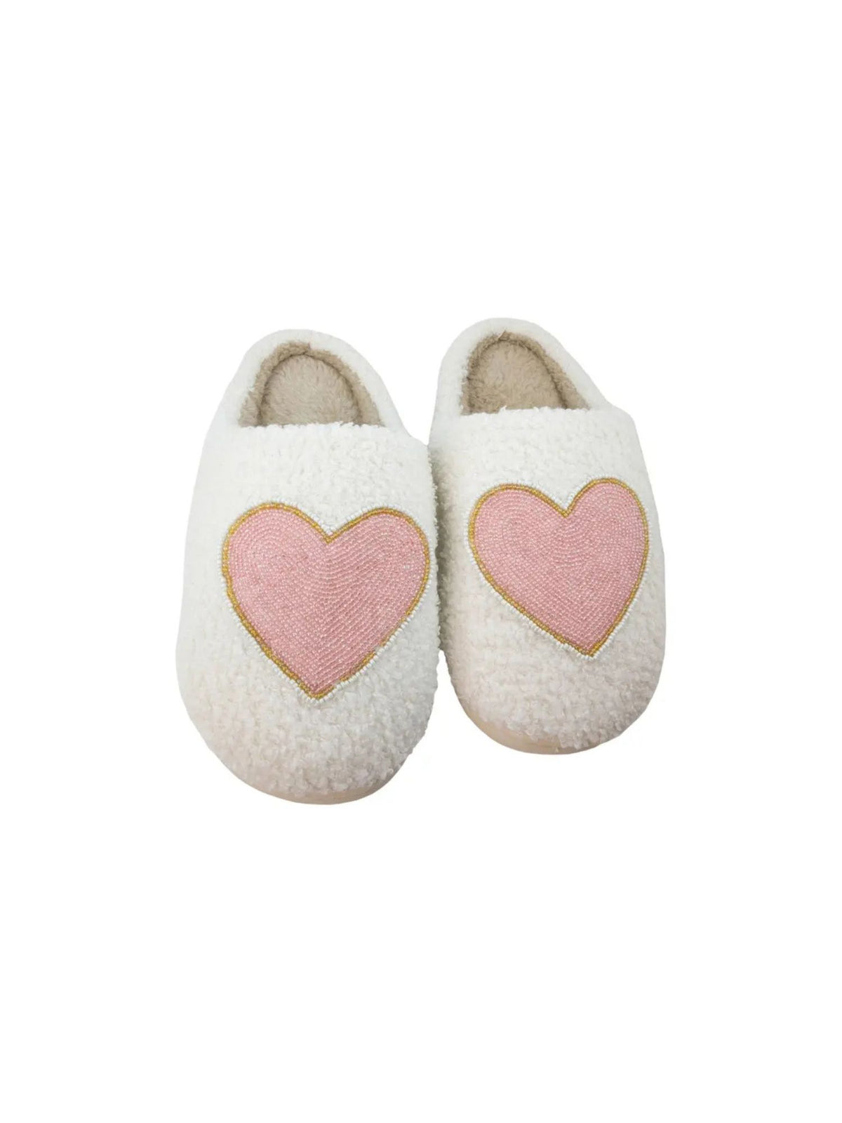 Beaded Pink & Gold Heart Fuzzy Slippers Valentine's Day