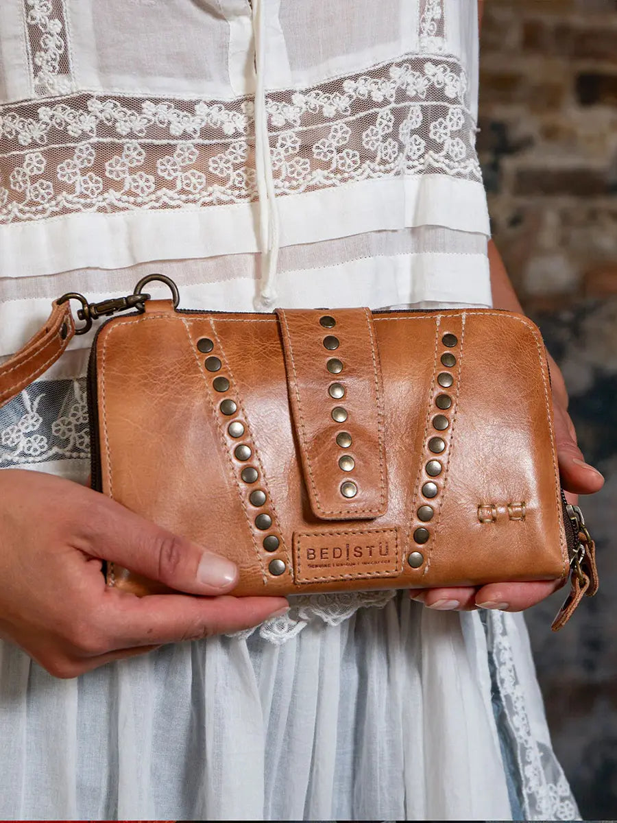 BEDSTU Flee Studded Wallet Tan Rustic Leather