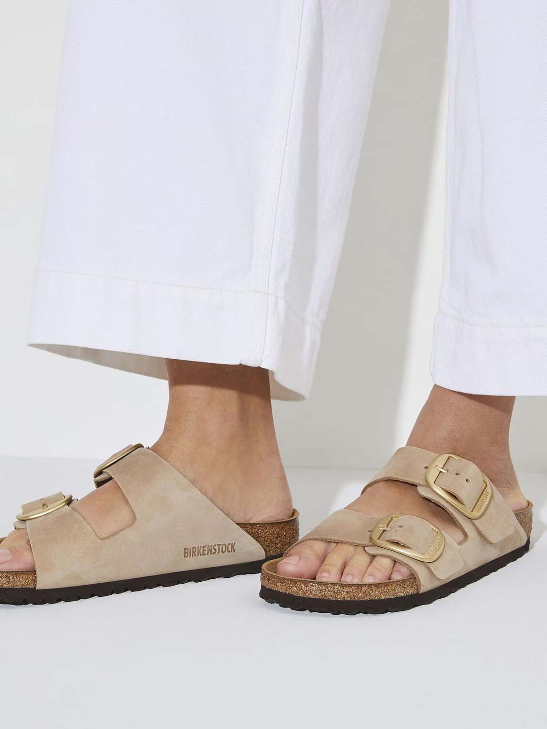 BIRKENSTOCK Arizona Big Buckle Sandal Nubuck Leather Sandcastle Regular Width