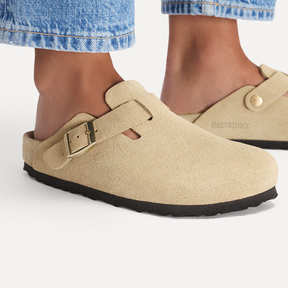 BIRKENSTOCK Boston Exquisite in Suede Leather Taupe Narrow