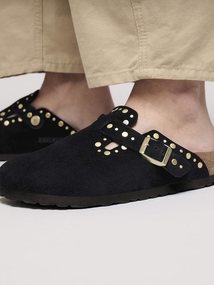 BIRKENSTOCK Boston Rivets Suede Leather Black Narrow