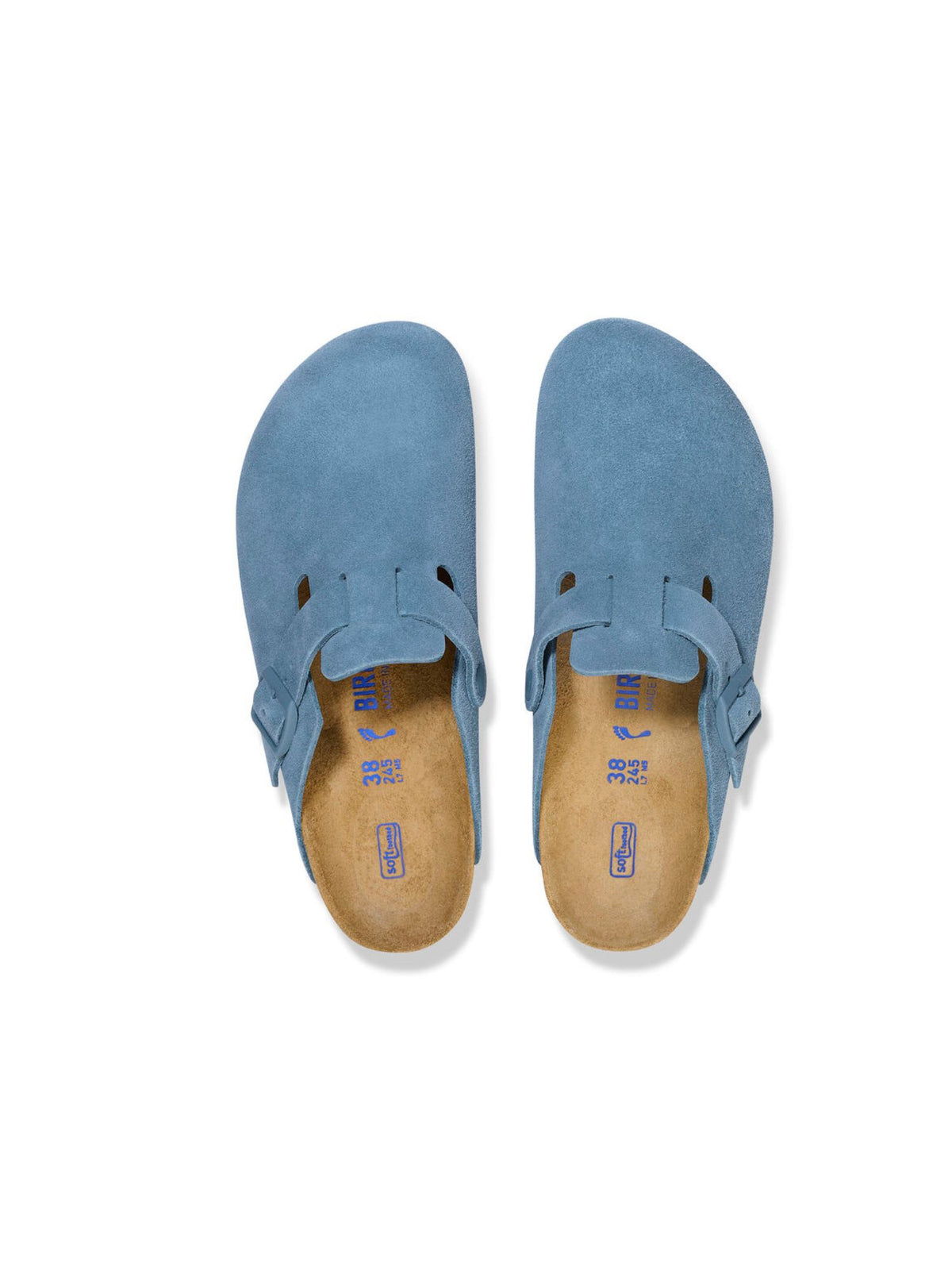 birkenstock boston soft footbed suede clog in elemental blue-top